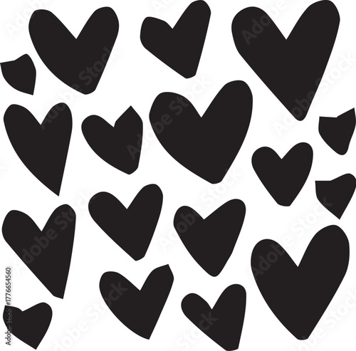 hand drawn icon set of black hearts on white background