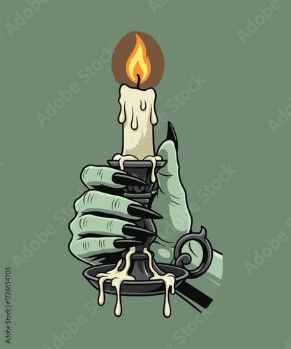 Mystic Candle Embrace: A surreal hand, with long, dark nails, delicately cradles a flickering candle, casting an eerie glow that hints at the unknown. The scene evokes a sense of mystery and allure.