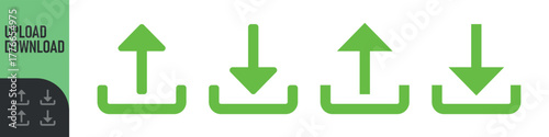 Set of upload and download icons arrow symbol in color and black outline styles. Perfect for data transfer, cloud storage, file sharing, transferring, saving, app interfaces, and modern digital design