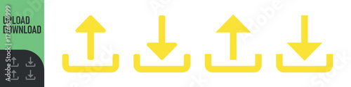 Set of upload and download icons arrow symbol in color and black outline styles. Perfect for data transfer, cloud storage, file sharing, transferring, saving, app interfaces, and modern digital design