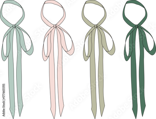 A set of four beautifully tied pussy bows in a palette of soft, muted colors, perfect for fashion and accessory design