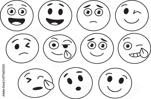 Set of Hand Drawn Emoji Faces with Various Expressions