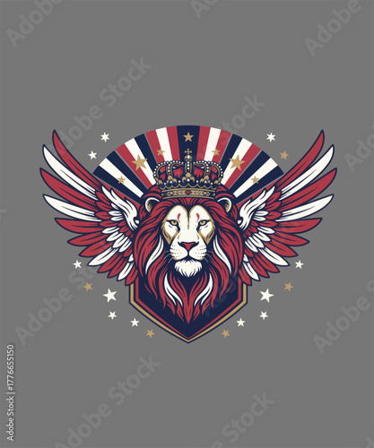 Regal Lion Emblazoned: A majestic lion, adorned with a crown and wings, stands as a symbol of power and grandeur, against a backdrop of patriotic colors.