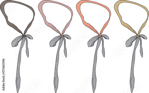 A graphic collection of stylish neckwear accessories, featuring four unique scarves or ties in warm color variations, each tied with an elegant knot, ideal for fashion and apparel designs