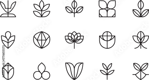 Collection of stylized botanical line art icons leaf