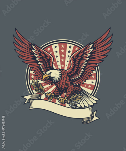 Soaring Emblem: A majestic bald eagle, the proud symbol of freedom and strength, spreads its wings against a backdrop of stars and stripes, with a laurel branch clutched in its talons.