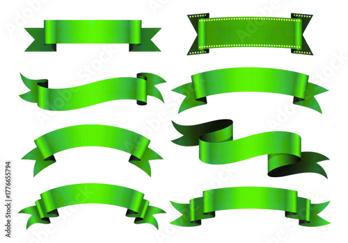 Collection of eight vibrant green satin ribbons and banners in various shapes and styles isolated on transparent background