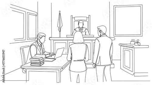 High-Quality Black Continuous Line Art of Two Professionals Standing Before Judge or Mediator, Lawyer Working on Laptop with Legal Books Beside, Simple Linear Courtroom Composition on White Background