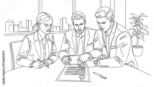 High-Quality Black Continuous Line Art of Three Professionals Reviewing Legal Paperwork at Table, Contract with Seal and Pen Representing Business Law Documentation, Corporate Office Background