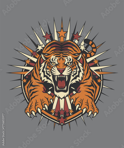 Majestic Tiger in Artistic Emblem: A striking tiger roars fiercely at the viewer, set within a dynamic emblem, radiating strength, power and wild elegance, creating a bold, eye-catching design.