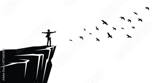 Silhouette of Man on Cliff Edge with Arms Open Watching Flying Birds