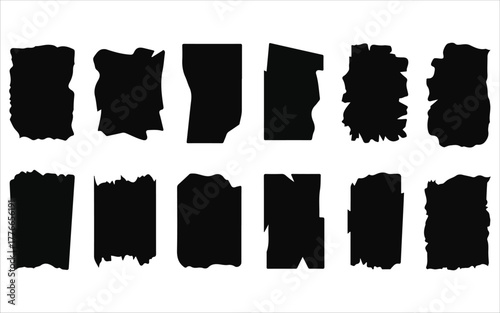 Set of Black Torn Paper Shapes and Rough Edge Rectangle Silhouettes