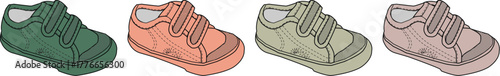 A collection of colorful casual sneakers in various muted tones. Vector illustration of a footwear concept representing choice, style, and comfort