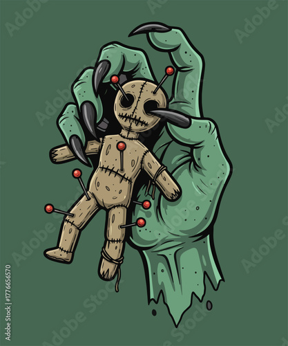 Voodoo Doll Manipulation: A spooky illustration of a voodoo doll being held by a clawed hand, pierced with pins, against a dark green backdrop. The image evokes a sense of dread and dark magic.