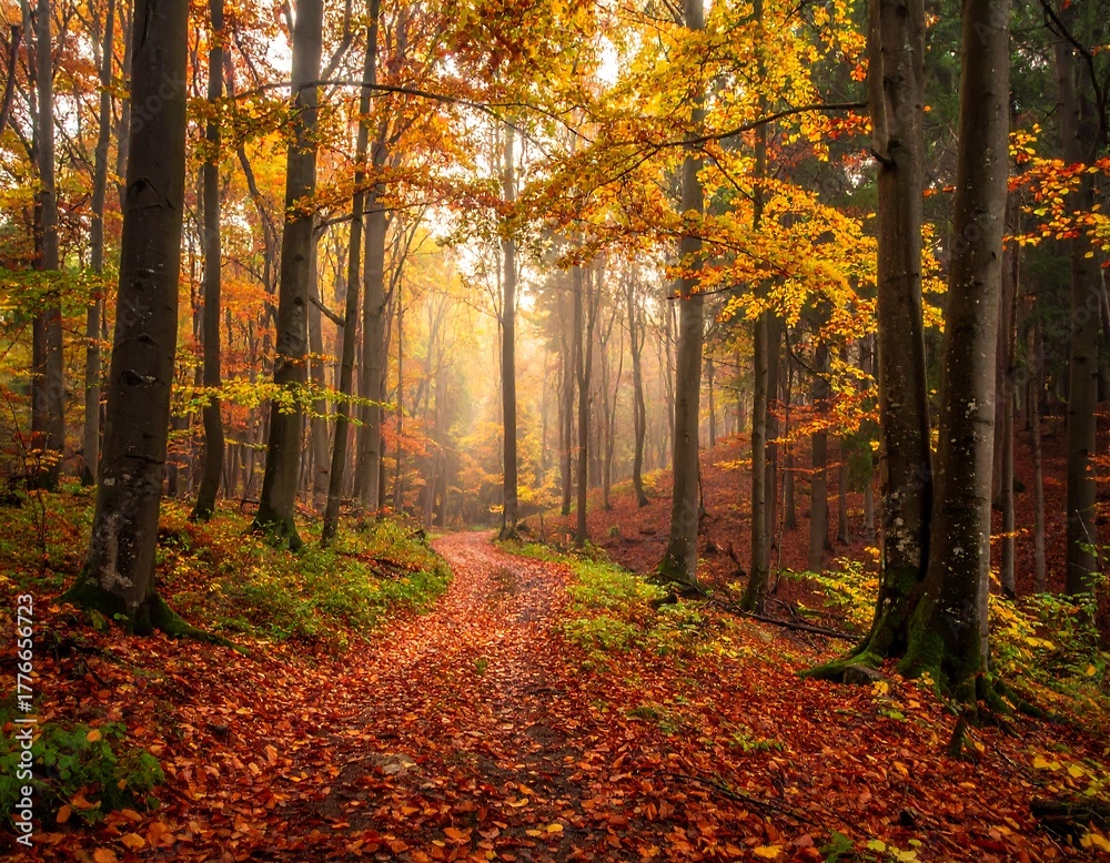 Obraz premium Autumnal forest path, bathed in golden light, leads through a misty woodland