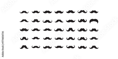 "A collection of 50 unique mustache silhouettes in black on white background, classic, modern, curly, handlebar, vintage and cartoon styles, centered and evenly spaced"