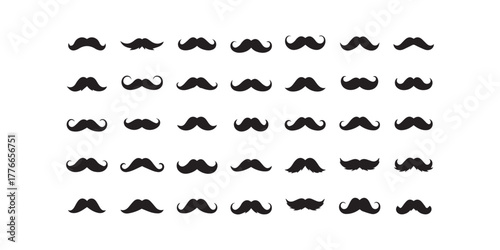 "A collection of 50 unique mustache silhouettes in black on white background, classic, modern, curly, handlebar, vintage and cartoon styles, centered and evenly spaced"