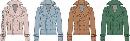 Set of four illustrated double-breasted jackets in different pastel colors, showcasing fashion design and apparel