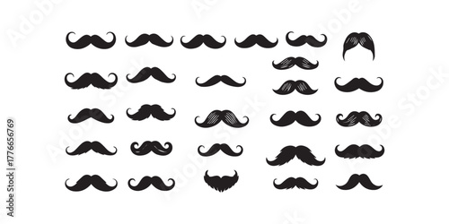"A collection of 50 unique mustache silhouettes in black on white background, classic, modern, curly, handlebar, vintage and cartoon styles, centered and evenly spaced"