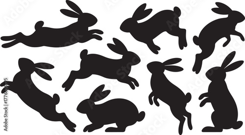 Group of Black Rabbit Silhouettes in Motion bunny white background