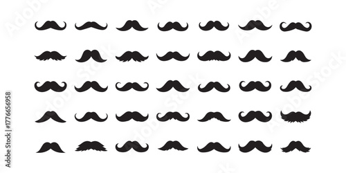 "A collection of 50 unique mustache silhouettes in black on white background, classic, modern, curly, handlebar, vintage and cartoon styles, centered and evenly spaced"