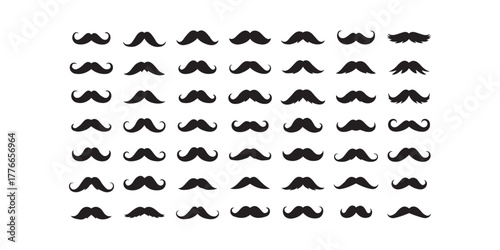"A collection of 50 unique mustache silhouettes in black on white background, classic, modern, curly, handlebar, vintage and cartoon styles, centered and evenly spaced"