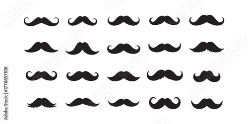 "A collection of 50 unique mustache silhouettes in black on white background, classic, modern, curly, handlebar, vintage and cartoon styles, centered and evenly spaced"
