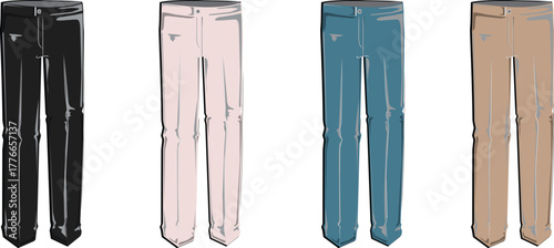 A stylish and versatile collection of four pairs of casual trousers in various colors, including black, light pink, blue, and beige, offering diverse fashion choices for a modern wardrobe
