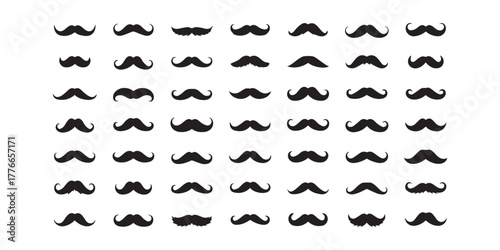 "A collection of 50 unique mustache silhouettes in black on white background, classic, modern, curly, handlebar, vintage and cartoon styles, centered and evenly spaced"