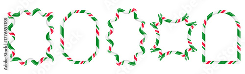Set of festive frames with a candy cane or striped ribbon design. Christmas holiday borders.