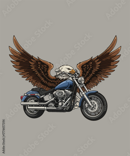 Freedom on Two Wheels: A bold eagle design merges with the raw power of a motorcycle, symbolizing freedom and the open road, beckoning to the thrill-seekers and the adventurous. 