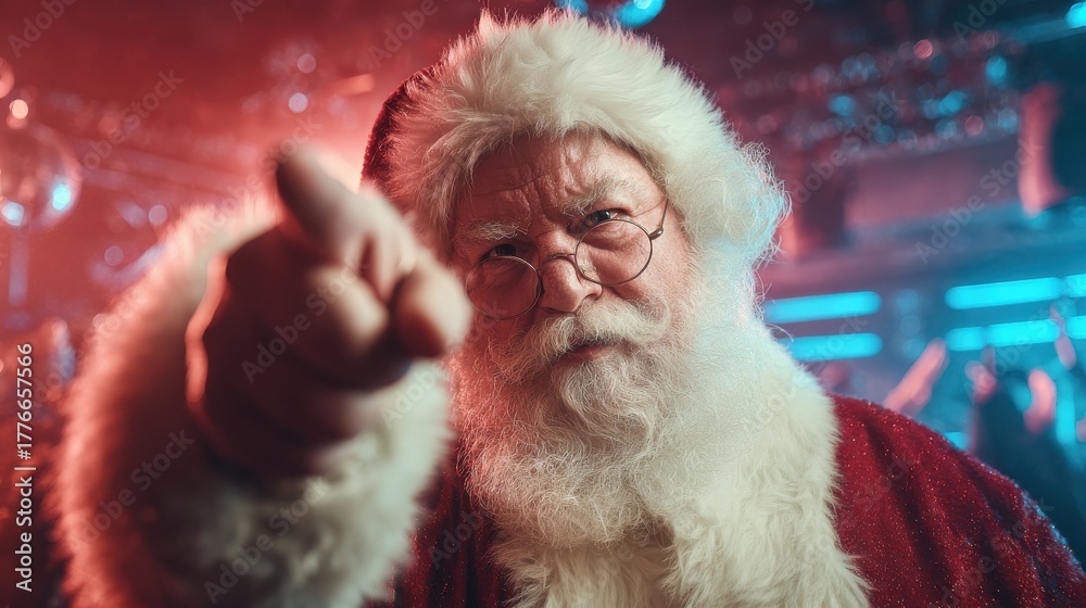 Obraz premium santa claus dj pointing at camera in a festive nightclub