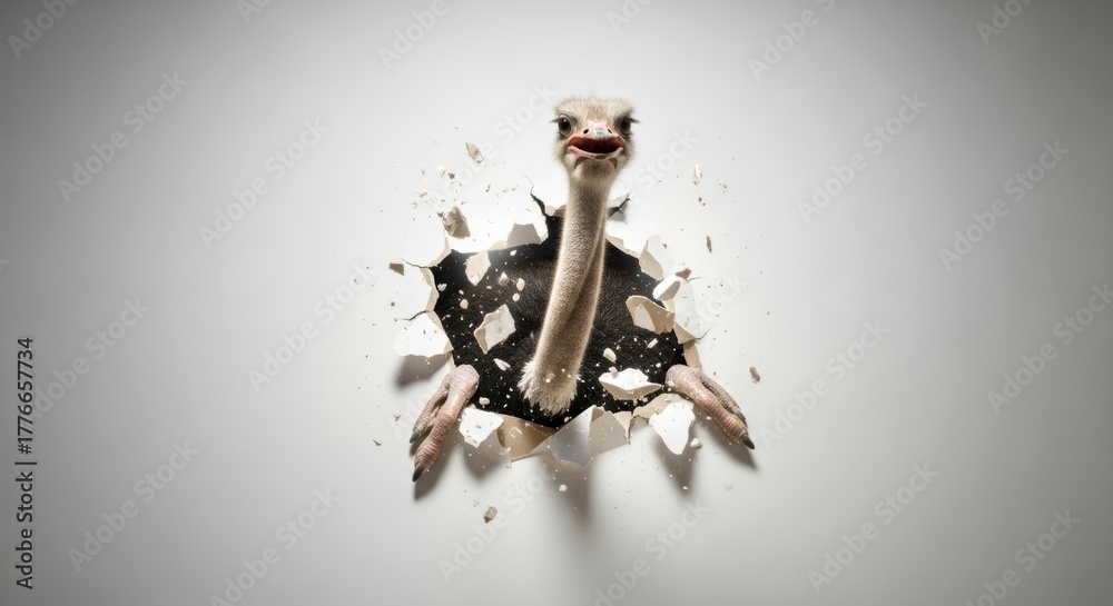 Fototapeta premium ostrich busting or breaking through a wall on a solid white background, animal photo