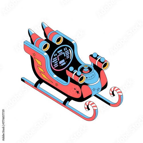 Futuristic Santa's Sleigh Spaceship with Reindeer Engines Flat Vector