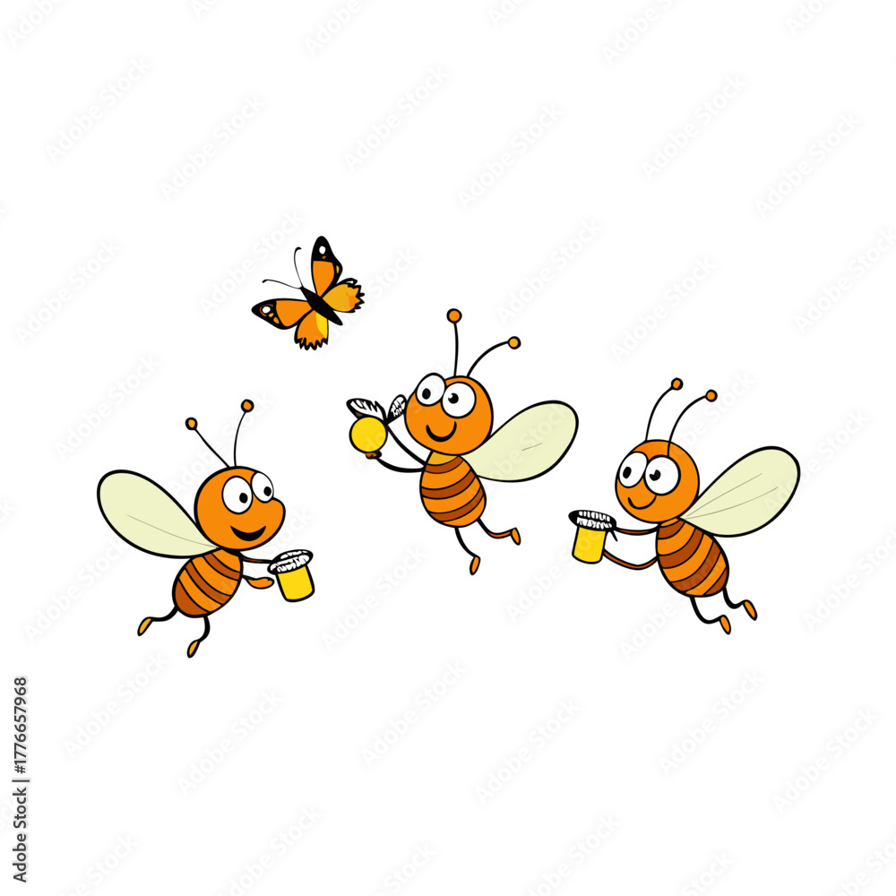 Fototapeta premium Three happy cartoon bees and a butterfly enjoying the day