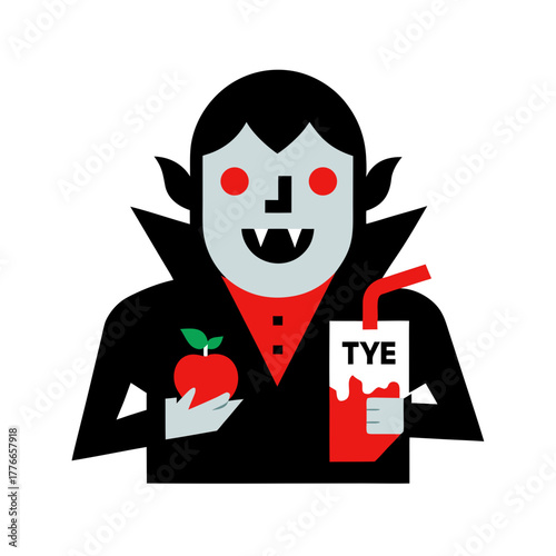 Vampire holding an apple and a juice box with tye text