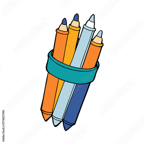 Colorful pencils tied together with a teal band