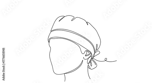 Line drawing of a person wearing a headscarf in profile view  
