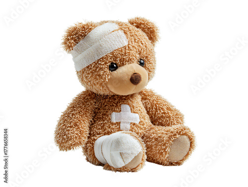 Cute brown teddy bear with medical bandages on head and leg isolated on transparent background, soft plush toy symbolizing healing, recovery, care, hospital, and children’s health concept