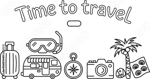 Travel themed icons and text Time to travel suitcase