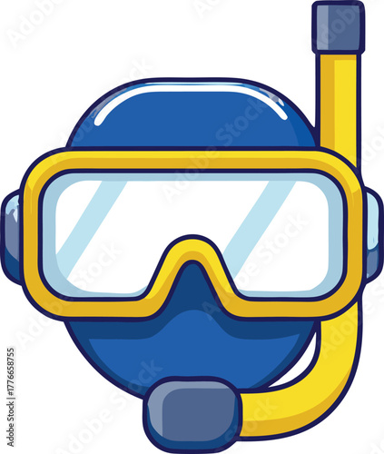 Blue snorkel mask icon vector scuba diving gear illustration underwater adventure clip art Illustrator Artwork - A vibrant, flat design vector illustration of a blue snorkel mask with a yellow frame