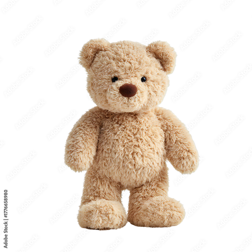 Fototapeta premium Cute standing brown teddy bear plush toy isolated on transparent background, soft stuffed animal for children, adorable cuddly toy for baby nursery, gift, or home decoration concept