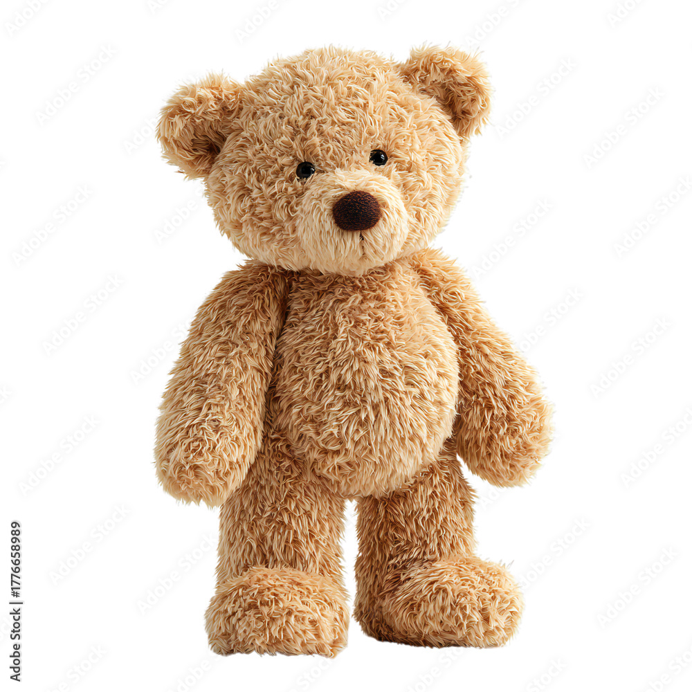 Fototapeta premium Cute standing brown teddy bear plush toy isolated on transparent background, soft stuffed animal for children, adorable cuddly toy for baby nursery, gift, or home decoration concept