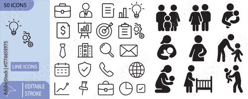 Collection of 50 editable stroke line icons for business and family themes vector illustration
