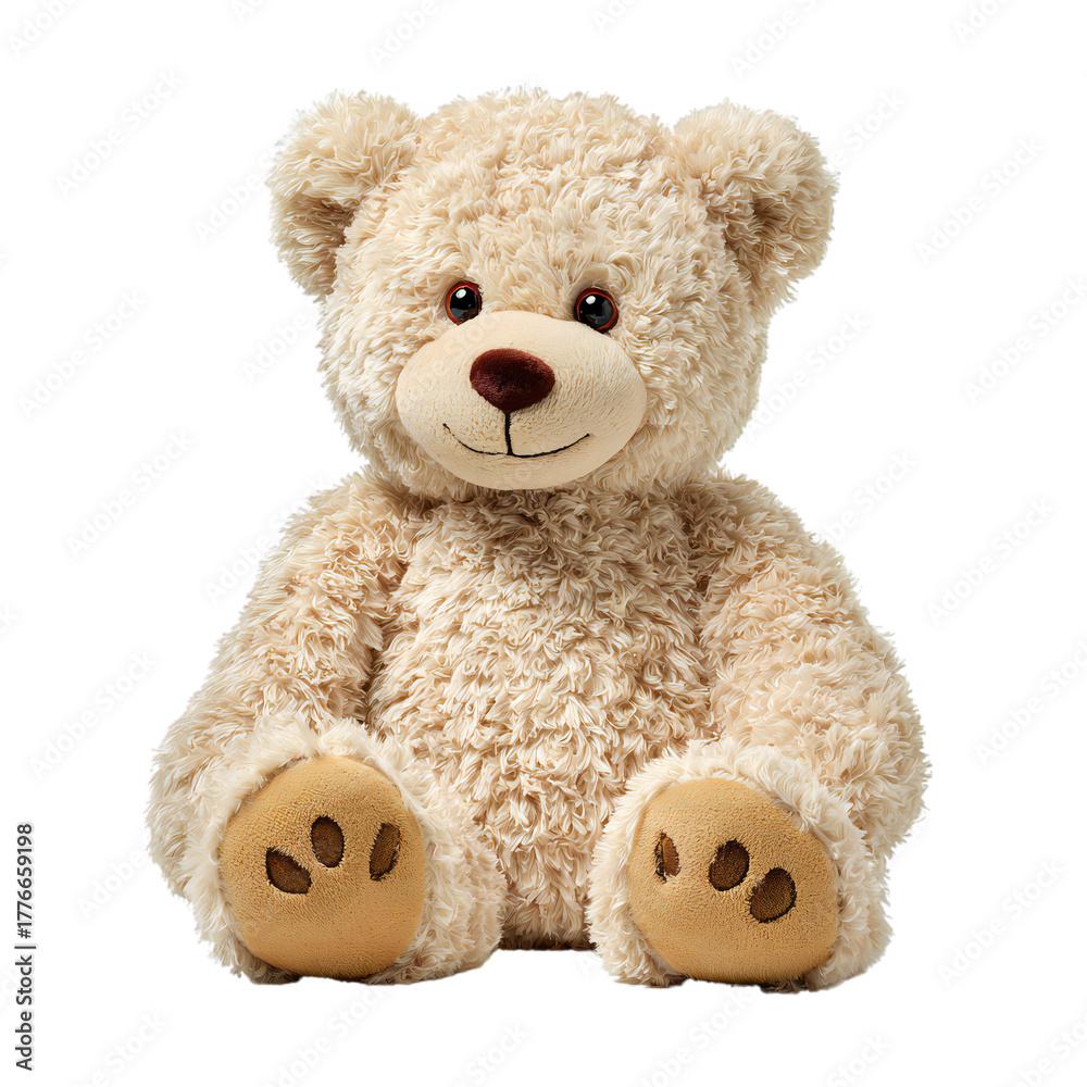 Obraz premium Cute brown teddy bear plush toy isolated on transparent background, soft stuffed animal for children, adorable cuddly toy for baby nursery, gift, or decoration concept