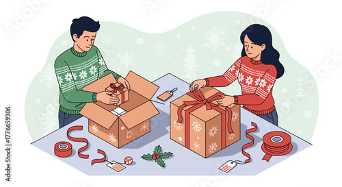 Men and women packing and decorating holiday presents, preparing colorful gift boxes with ribbons and bows, cheerful surprise gift illustration in flat isometric vector style for celebrations