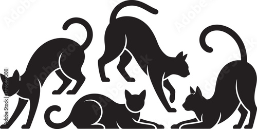 Five black silhouette cats in various playful poses