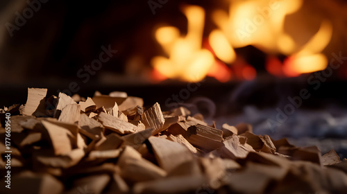 Pile of wood chips ready for smoking, with a blurry warm fiery backdrop. Perfect for BBQ, grilling, or culinary inspiration. Preparing for a feast by the fire!