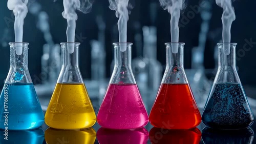 Colorful laboratory flasks filled with steaming chemical liquids in scientific research lab under dramatic lighting showing vibrant experiment setup