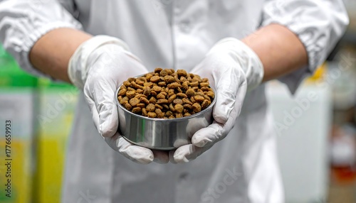 Person in lab coat and gloves holds a bowl of dog food